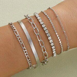 NEW Luxe Silver Plated Chain and Crystal Tennis Bracelet Set of Six